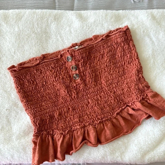 Free People Babe Rust Orange Smocked Tube Top with Button Detail size small - Picture 3 of 9